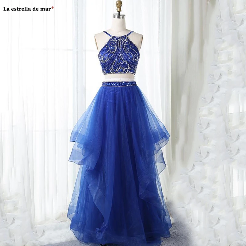 Vestidos de gala Тюль вышитый бисером халтер трапециевидной формы Королевский синий 2 шт Выпускные платья Длинные вечерние платья под заказ торжества юркен настоящая фотография