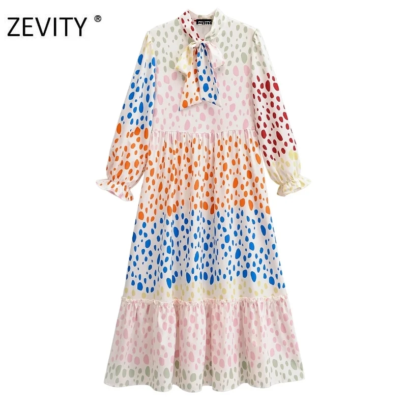 Zevity New women vintage bow collar patchwork dot print casual loose dress chic female agaric lace vestidos party dresses DS4165 Zevity New women vintage bow collar patchwork dot print casual loose dress chic female agaric lace vestidos party dresses DS4165