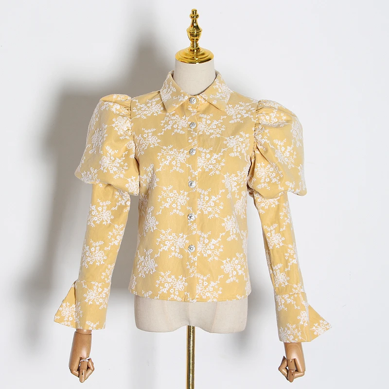 

Embroidery Hit Color Women's Blouses Lapel Collar Puff Long Sleeve Slim Shirts For Female Fashion Clothes Tide 45