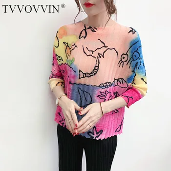

TVVOVVIN 2020 SUUMMER New T-shirt Patcwork Print O-neck Pleated Fashion Casual Loose Streetwear Bouncy Womens Short A206