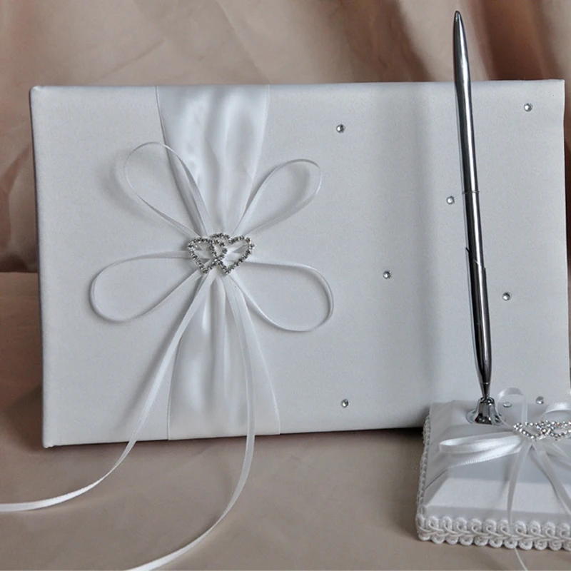 

Wedding Guest Attendance Book Pen Holder Sets with Double Heart Bow Diamond Decoration Signature Book Wedding Supplies