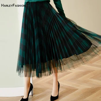 

HarleyFashion Luxurious Design Hot Selling Women England Style Mesh Skirt Elastic Waist Green/Red Plaid 3 Layers Long Skirts