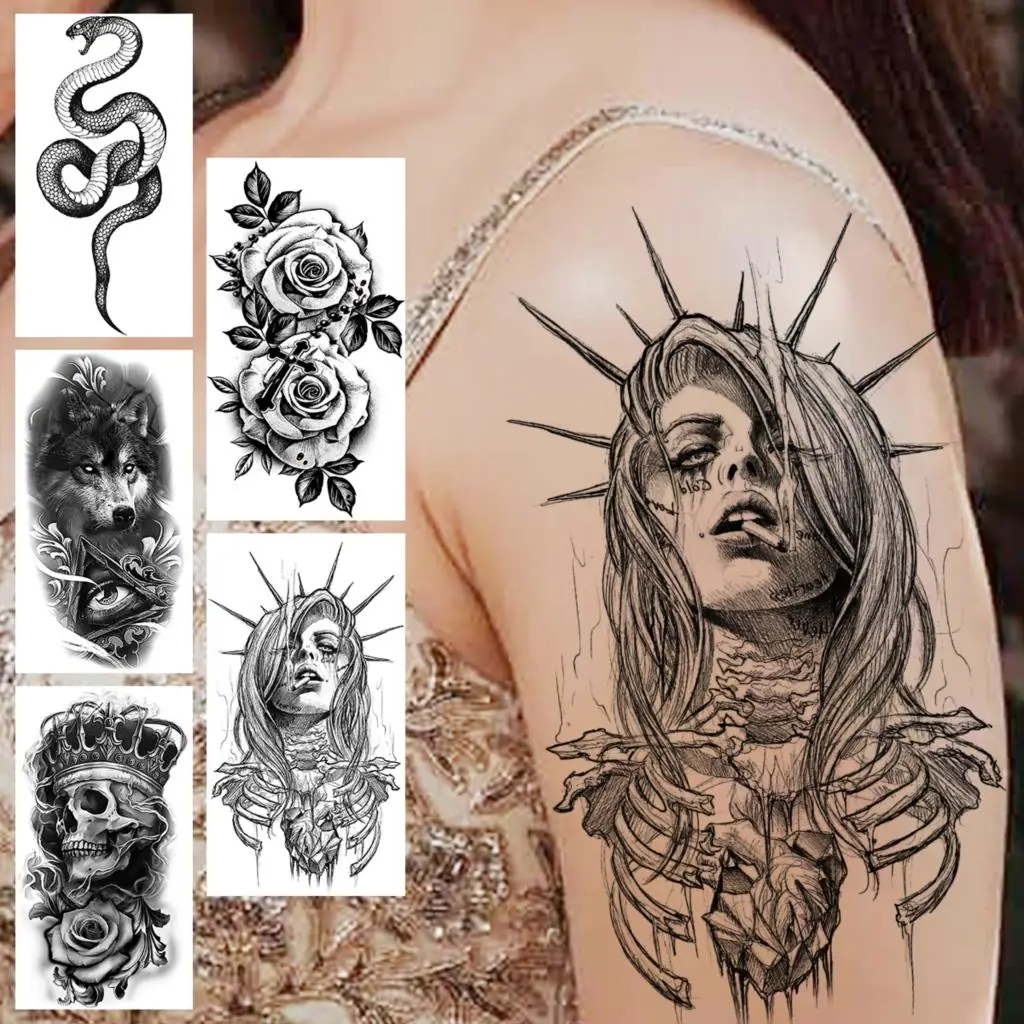 

Pencil Sketch Halloween Skeleton Temporary Tattoos For Women Men Wolf Snake Dahlia Crown Fake Tattoo Sticker Arm Tatoos Creative