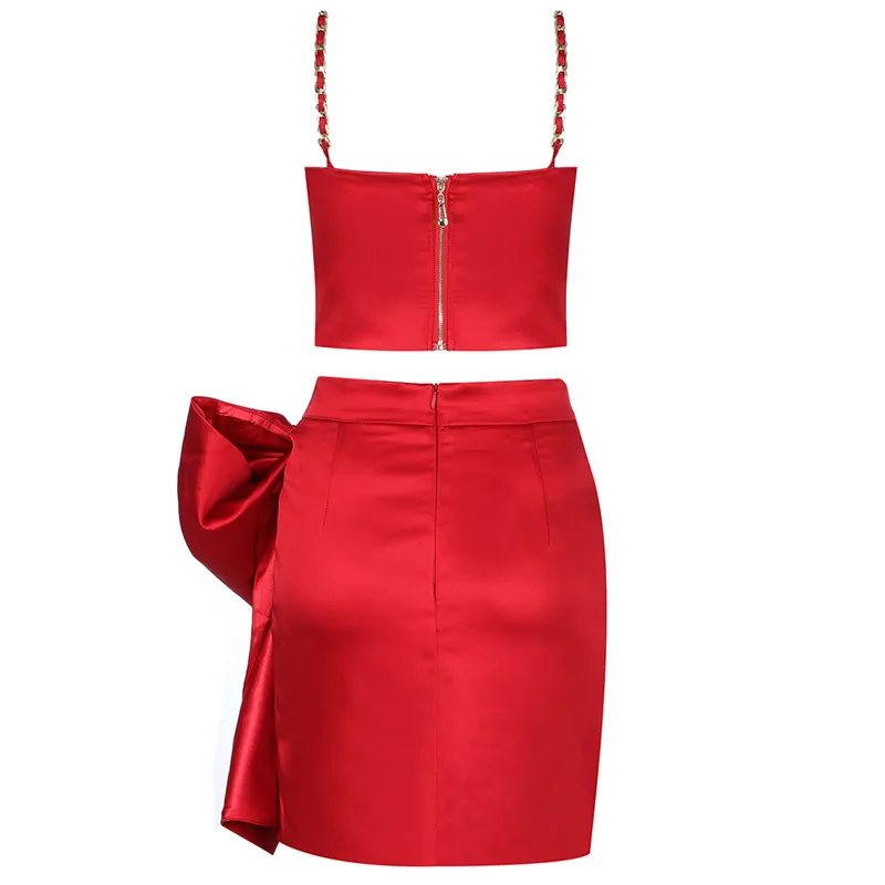 Bevenccel Elegant 2 Piece Sets Women Dress Sexy Chains Straps Bodycon Draped Bow Celebrity Fashion Party Dress Runway Mini Dress