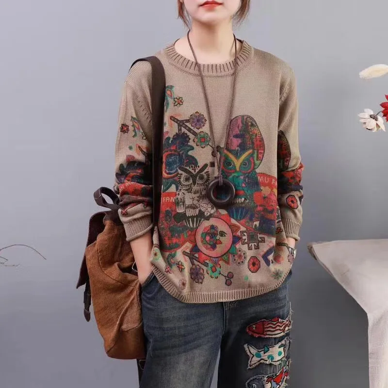

O Neck Cartoon Printing Vintage Retro Sweaters Computer Knitted Tops Regular Pullovers Character For Women Z40