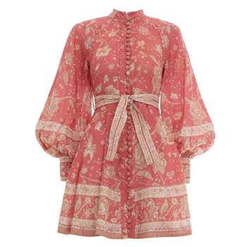 

Hot Sale Fashion 2019 Women Vintage Print Dress Stand Collar Lantern Sleeve Mini Dress High Waist Lace Up Beach Dresses