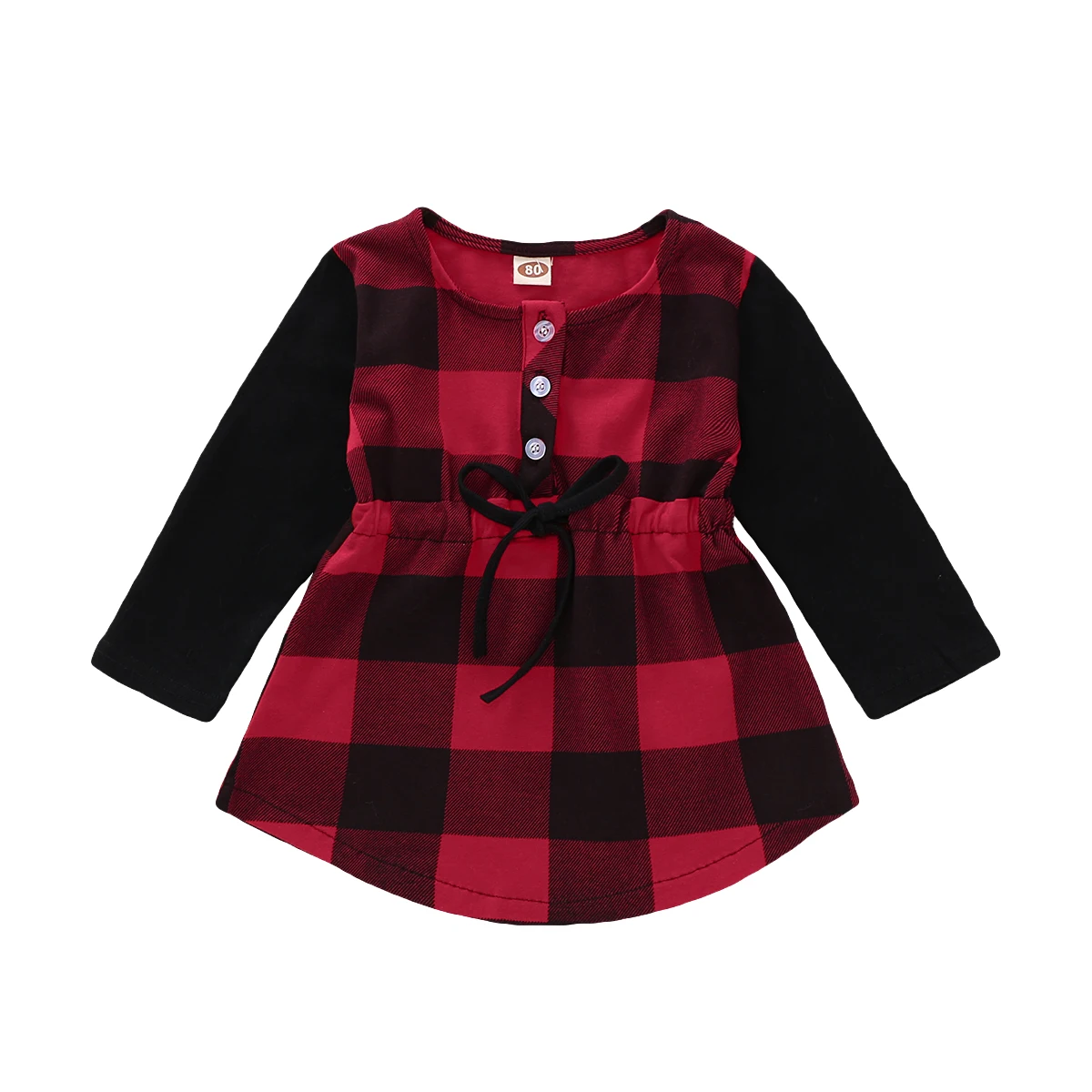 

2020 New Fall Autumn 6M-4Y Toddler Baby Girls Red Plaid Bow Buttons Black Long Sleeve Dress Casual Infant Kids Children Outfits