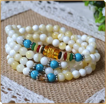 

6mm Tibetan Buddhism 108 Gold-tridacna Prayer Bead Mantra Mala Necklace