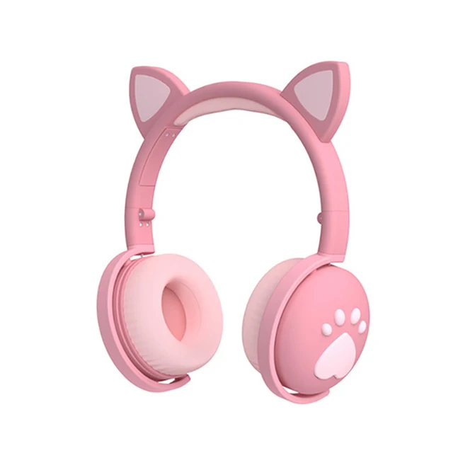 Cute Cat Headphones For Children Kids Wireless LED Light Cat Ear Blue-tooth Compatible Cat Paws Headset With Mic For Girl GIfts pink No Package