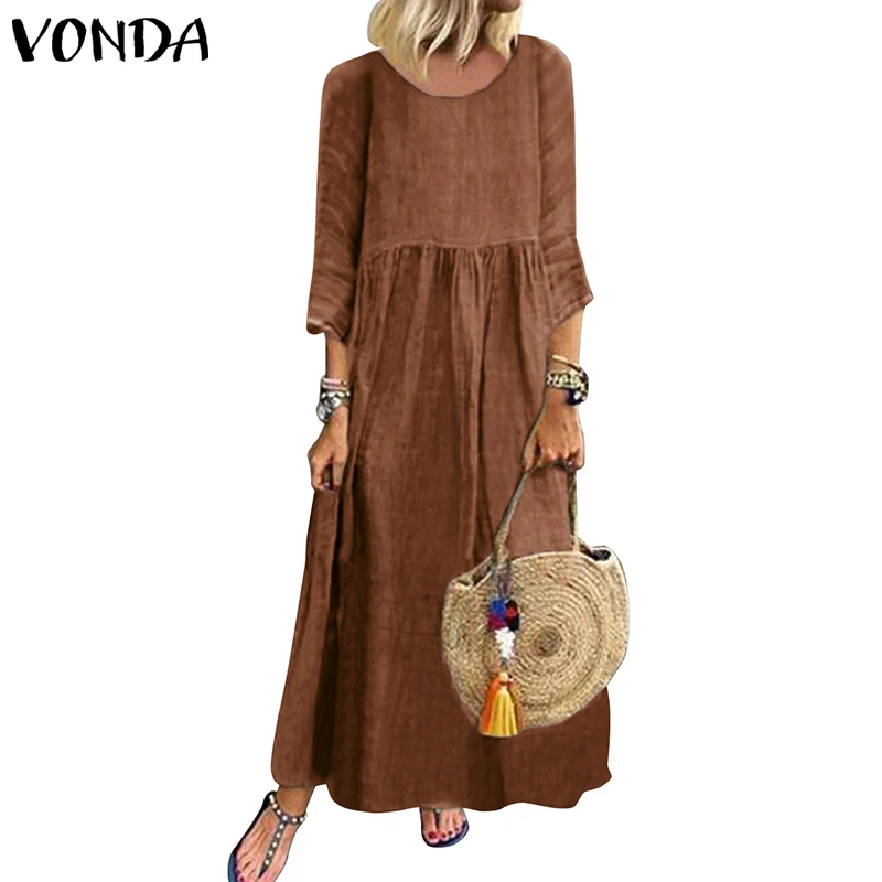 Длинное платье VONDA, Женские Повседневные Вечерние платья с круглым вырезом, осеннее платье для женщин размера плюс, длинный сарафан, богемное сексуальное платье 5XL - Цвет: Коричневый