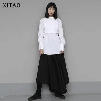 

XITAO Harajuku Fake Two Women Tops Bandage Design O Neck Womens Tops and Blouses Fashion Simple Solid Color Shirt Spring XJ3403