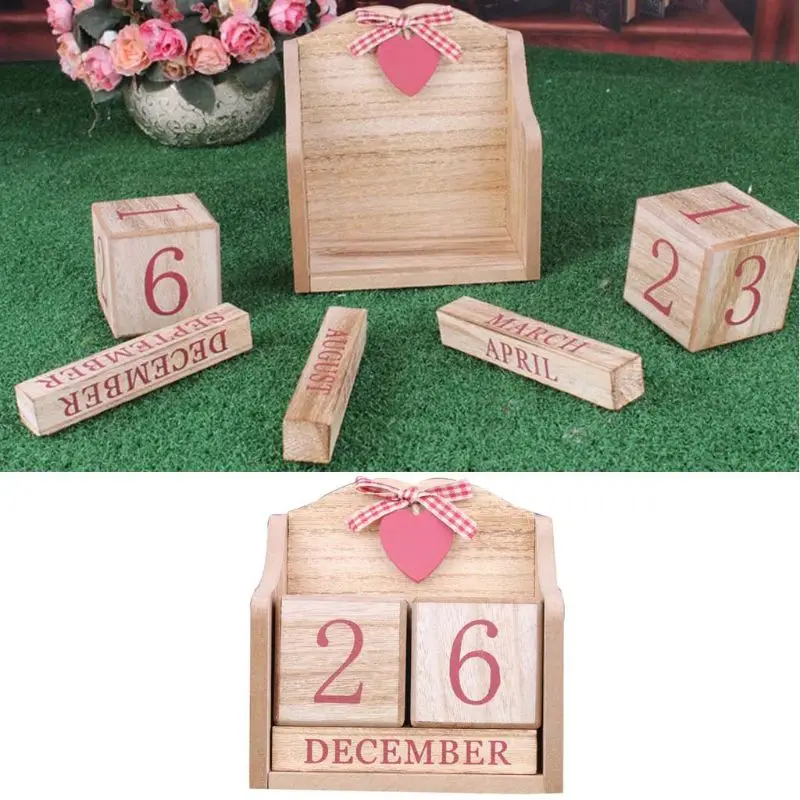 Vintage Wooden Perpetual Calendar Month Date Display Eternal Blocks Photography Props Desktop Accessories Home Office Decoration |