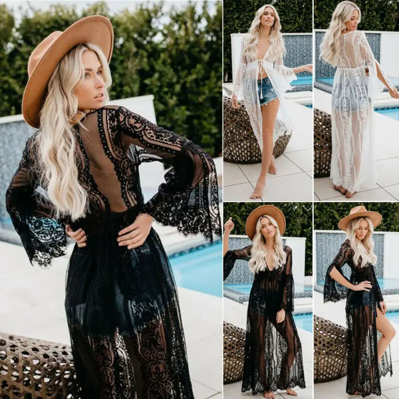 Women Lace Crochet Beach Bikini Cover Up Long Kaftan Dress Summer Kimono Maxi Dress Bathing Suit Beachwear maios de banho images - 6