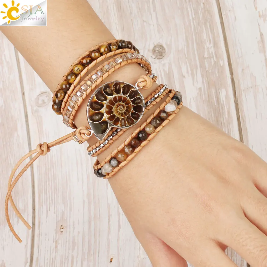 CSJA Boho Wrap Leather Bracelet Natural Ammonite Fossils Hematite Tiger Eye Bead Multilayer Woven Charm Bracelets for Women S475