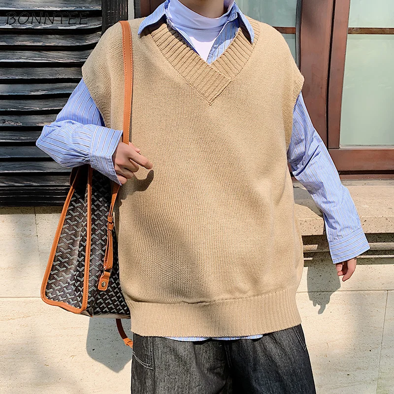 Suéter hombres chaleco liso Simple cuello en V Chic elegante sin mangas camisetas Casual suelto en la calle coreano-Encuentro de Harajuku