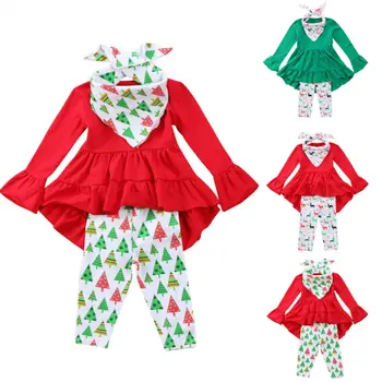 

2020 New 2-7YSet Tracksuit Kid Baby Girl Christmas Clothes Set Long Flare Sleeve Dress Top Print Pant Legging Hood 3pcs Outfit