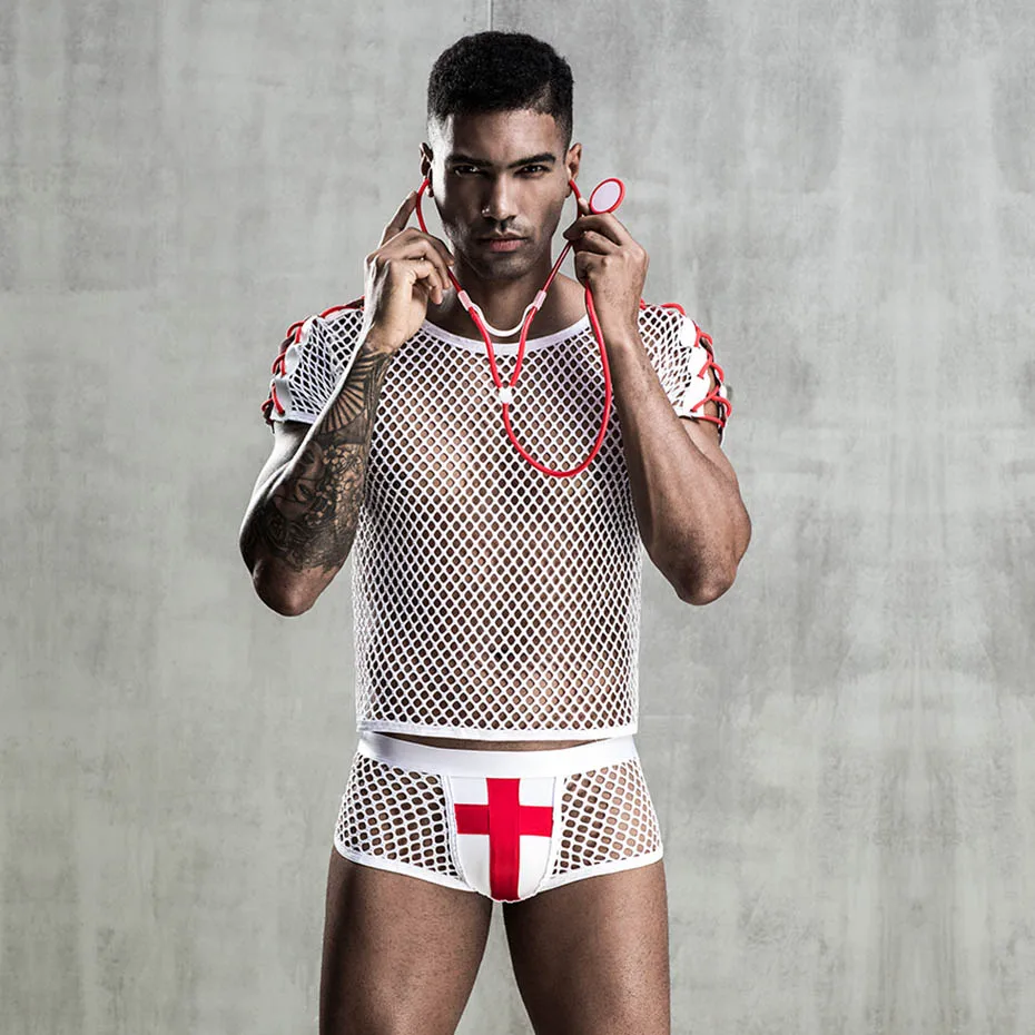 JSY Sexy Cosplay Lingerie Set Men Doctor Uniform Mesh Underwear Erotic Catsuit Bodysuit Lingerie Sexy Role Play Clubwear Outfits