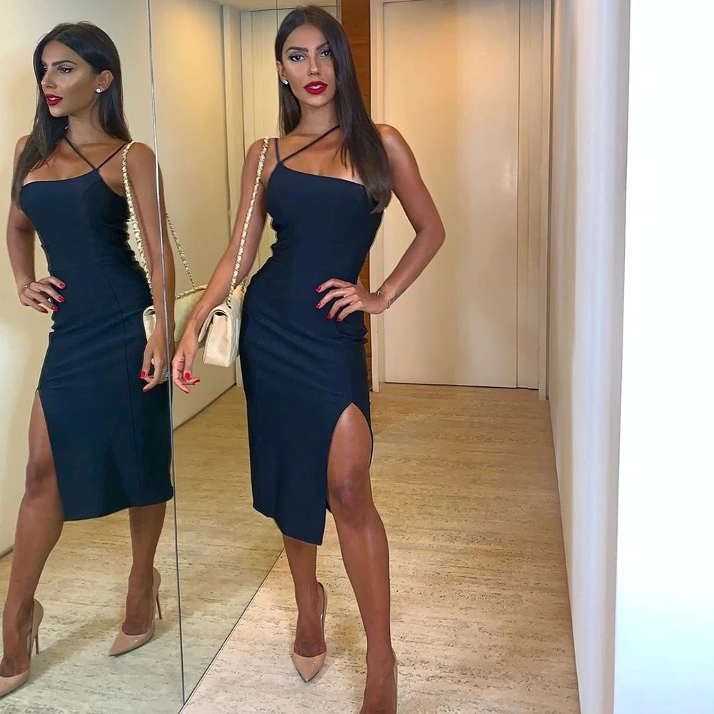 

halter split newest strap knitted knee length sexy new fashion celebrity bodycon bandage dress 2019