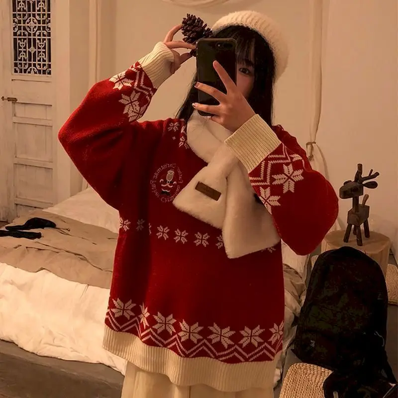 

Christmas sweater top newest college style red autumn winter loose outer wear pullover family portrait couple suit Tracksuit