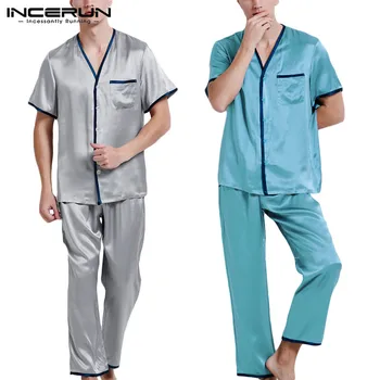 

INCERUN 2020 Men Pajamas Sets Homewear Short Sleeve V Neck Tops Soft Pants Sexy Cozy Fashion Nightgown Men Sleepwear Sets S-5XL