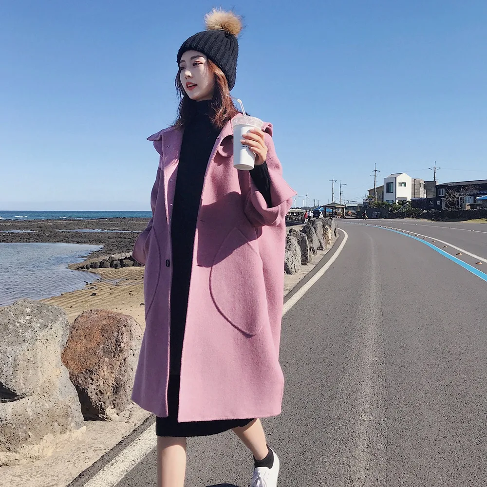 

Photo Shoot 2018 Winter New Style Retro British Style Mid-length Hooded Single-Breasted Woolen Overcoat Woolen Jacket Women's