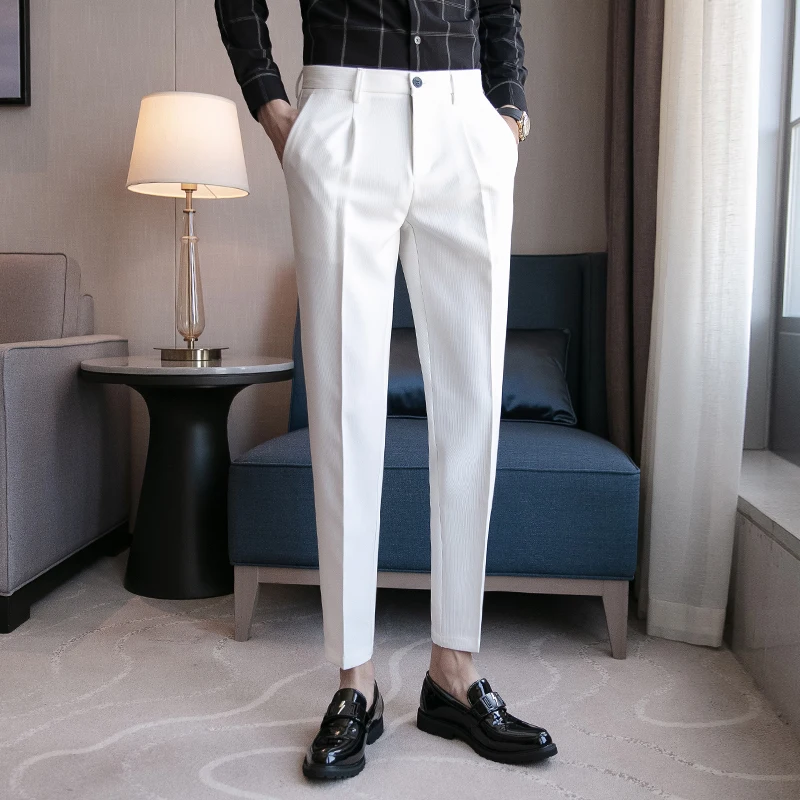 

Men Casual Slim Fit Dress Pants Streetwear Nine points Suit Pants Men High Quality Gentlemen Office Trousers Men All Match 28-36