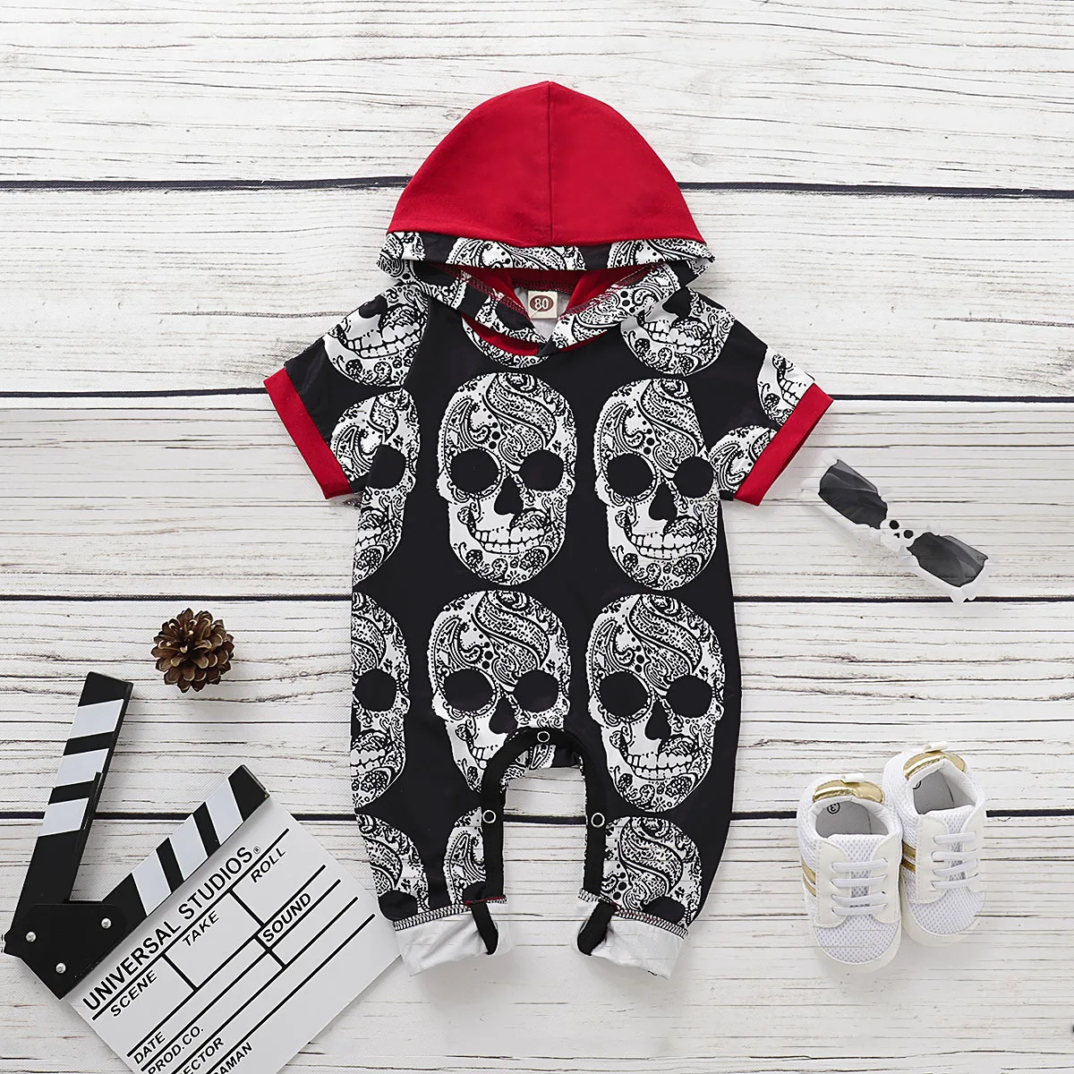 

Halloween Skeleton Coats Male Baby Boys Onesies Children's Cotton Printed Pullover Jumpsuit Hooded Collar Short-sleeved Trousers