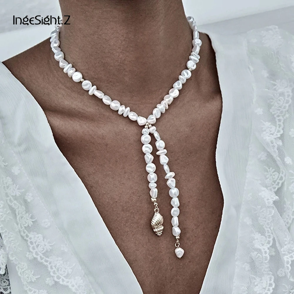 

IngeSight.Z Boho Imitation Pear Choker Necklace Collar Statement Golden Shell Conch Pendant Long Chain Necklace Women Jewelry