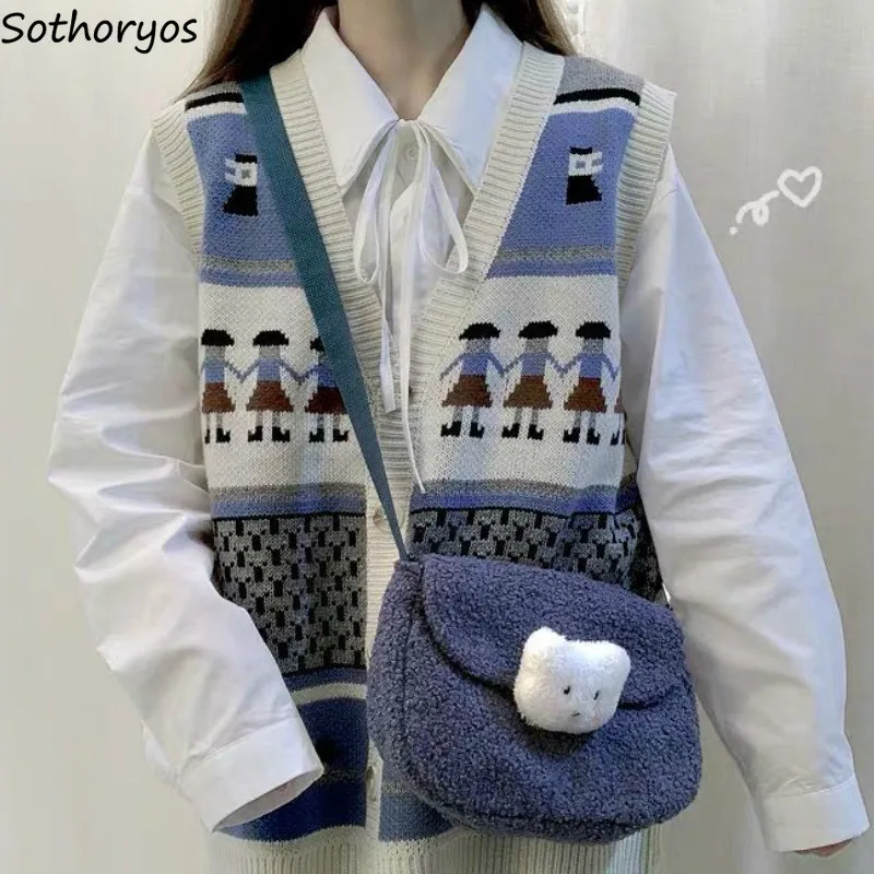

Sweater Vest Women British-style Patchwork Single-breasted V-neck Sleeveless Open-stitch Preppy-style Students All-match Trendy