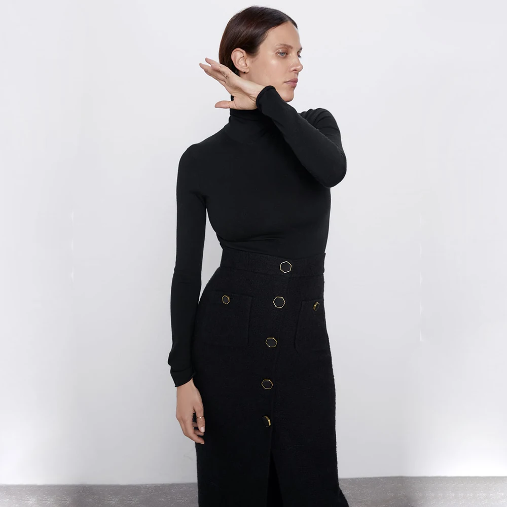 Ladyfirsy ZA вязаная юбка, модная, индивидуальная, с карманами, однобортная, тонкая, офисная, для девушек, на Рождество, вечерние, для женщин, длинная юбка