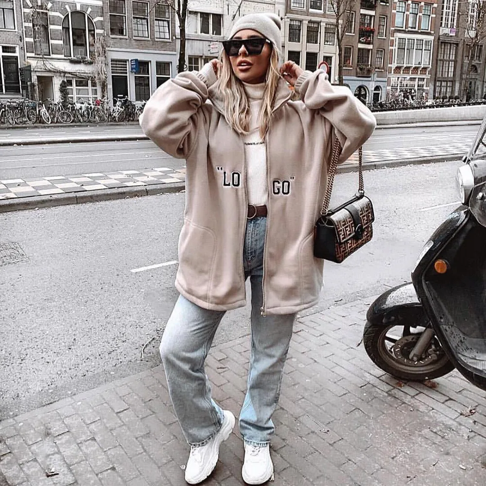 price reduction  BOOFEENAA Logo Letter Zip Fleece Outwear Women Fashion Jacket Coats Streetwear Oversize Windbreaker