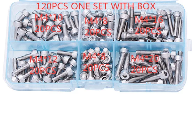 

120Pcs/set DIN912 M4 304 Stainless Steel Hexagon Socket Head Cap Screws Furniture Hex Bolts Assortment Kit