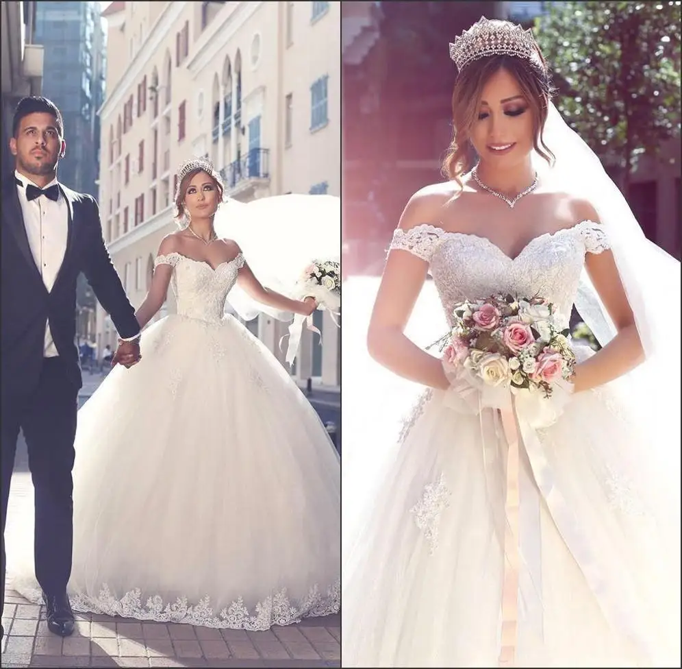 

Elegant Off the Shoulder Lace Ball Gown Wedding Dresses Tulle Applique Sweep Train Bridal Gowns