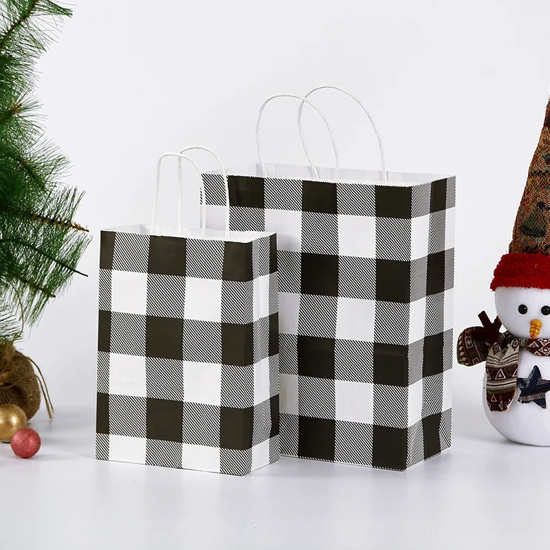 100 Teile/los Rot und Schwarz Plaid Weihnachten Papier Party Taschen Kraft Geschenk Tasche mit Griff für Weihnachtsfeiern – Detail 10