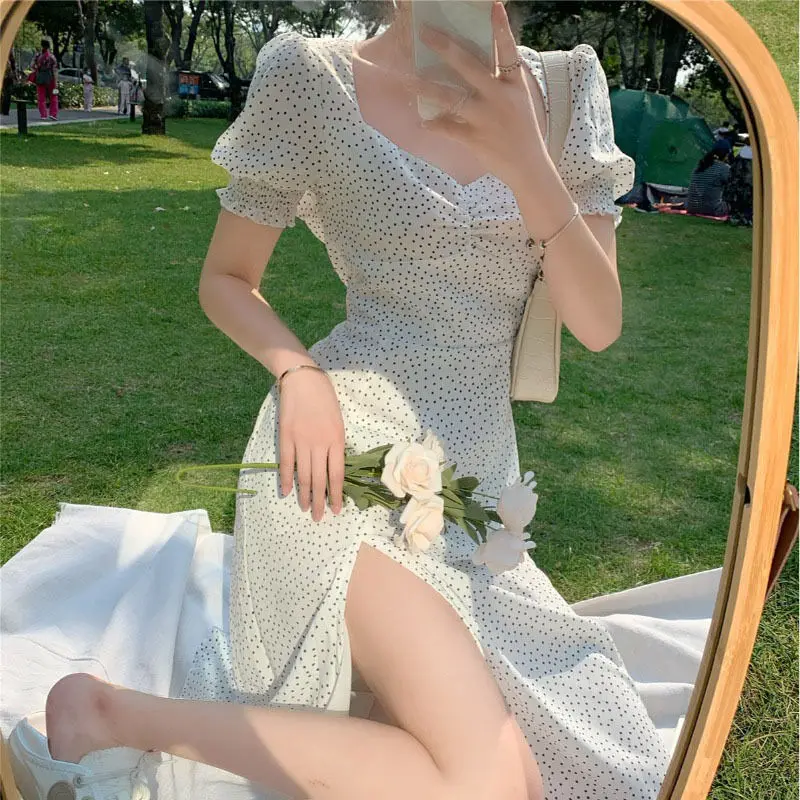 French Chiffon Dress Women Puff Sleeve Point Print Vintage Retro Dress Office Lady Casual Summer Elegant Split Dress Women 2020 French Chiffon Dress Women Puff Sleeve Point Print Vintage Retro Dress Office Lady Casual Summer Elegant Split Dress Women 2020