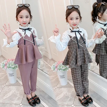 

Cute Baby Girls Clothes Retro Patchwork Tops + Plaid Pants 2 Pieces Princess Girls Suits Preppy Style Kids Clothing Sets Vestido
