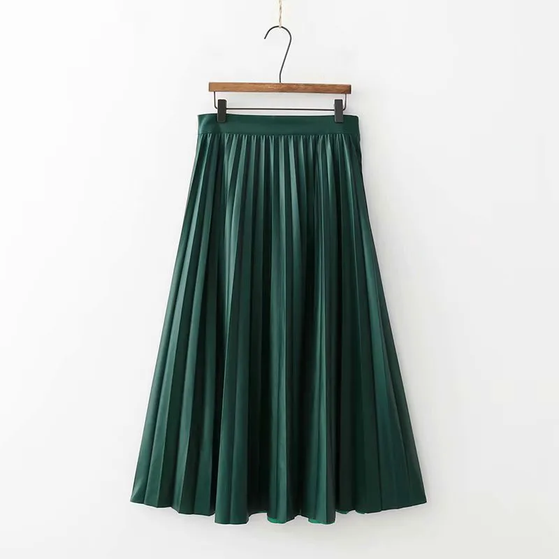 Женские винтажные Юбки миди из искусственной кожи, зеленая плиссированная длинная юбка, Женская шикарная Офисная Женская юбка с боковой молнией, женская уличная одежда