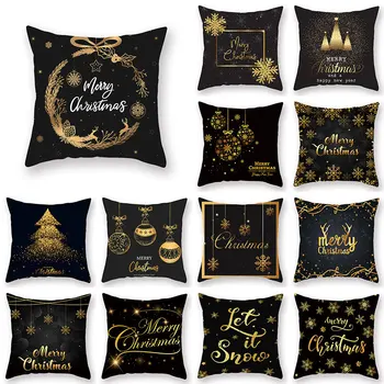 

45*45cm Christmas Pillowcase Black Polyester Throw Pillow Case Gold Cartoon Print Art Cushion Cover Home decor Pillow Covers
