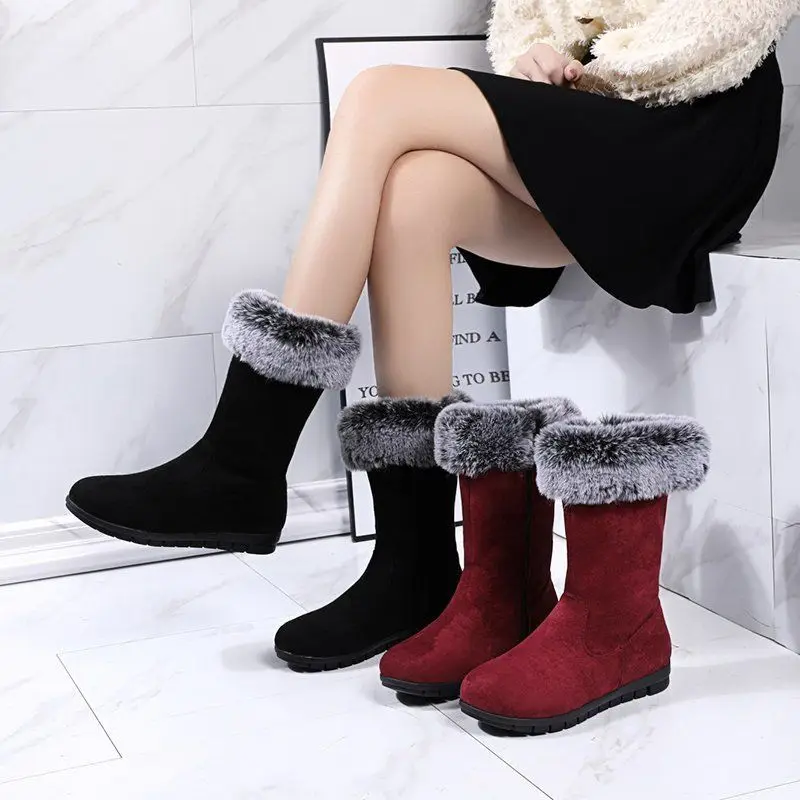 Two Wearings Women Mid Calf High Boots,Mid Heel Snow Boots,Warm Winter Shoes,Fashion Black,Grey,Wine-red,Dropshipping