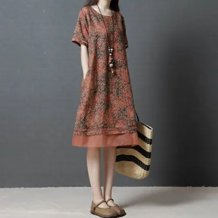 

2019 Summer New Style Korean-style Loose And Plus-sized WOMEN'S Dress Fashion Comfortable Cotton Linen Crew Neck Short-sleeve Dr