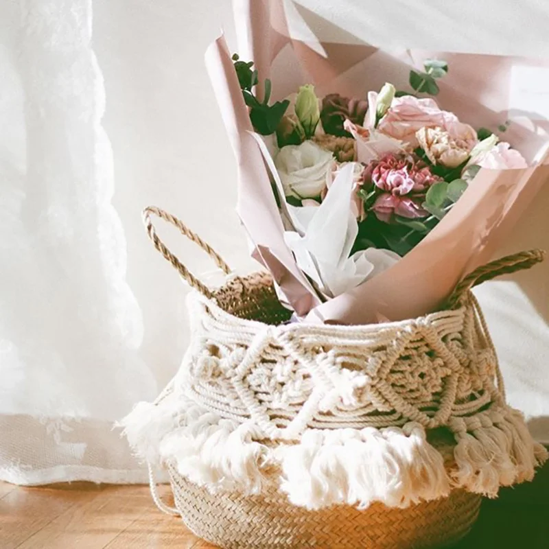 Плетеная корзина ручной работы в богемном стиле с кисточками, садовый цветочный горшок, плетеная корзина для хранения, домашняя корзина-Органайзер