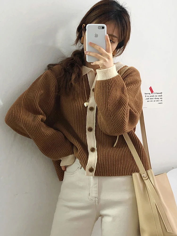 

2020 Autumn Winter Korean Color Matching Striped Turn-Down Collar Kawaii Preppy Style Cardigan Long Sleeve Women Short Sweater