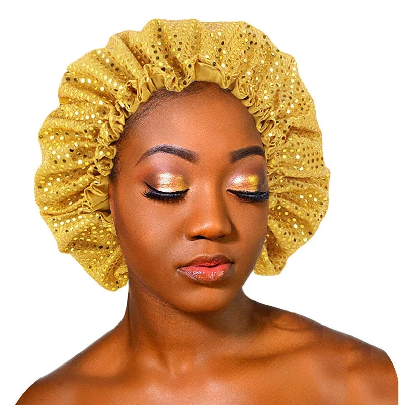 

New Unisex Silky Bonnet Sequine Satin for Women Solid Wide 6 Colors Hair Bonnets Hat Comfortable Sleeping Hat Chemo Beanie Cap