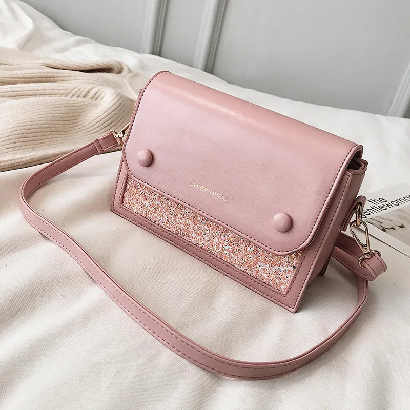 

2019 New Style Stereo Square Sling Bag Sequin Magnetic Snap Simple Button Shoulder Women's Bag