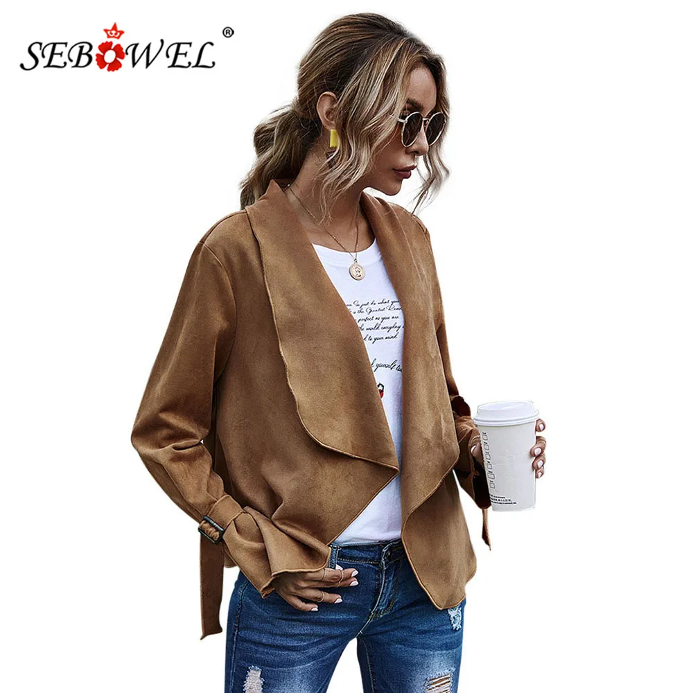 

SEBOWEL Autumn Women's Solid Color Cardigan Jacket Big Lapel Suede Long Sleeve Coats Fashion Design Lady Streetwear Clothes S-XL