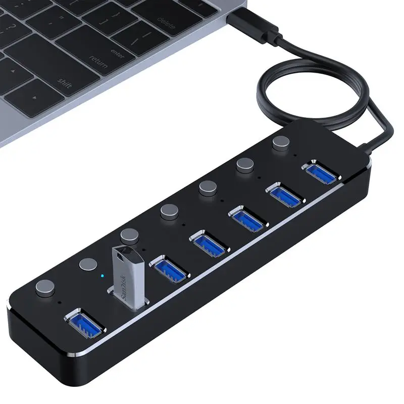 Alumunium 3,0 концентратор супер скорость 7 портов внешний микро-usb-хаб разветвитель портативный для Apple Macbook Air ноутбук ПК планшет концентратор - Цвет: Black