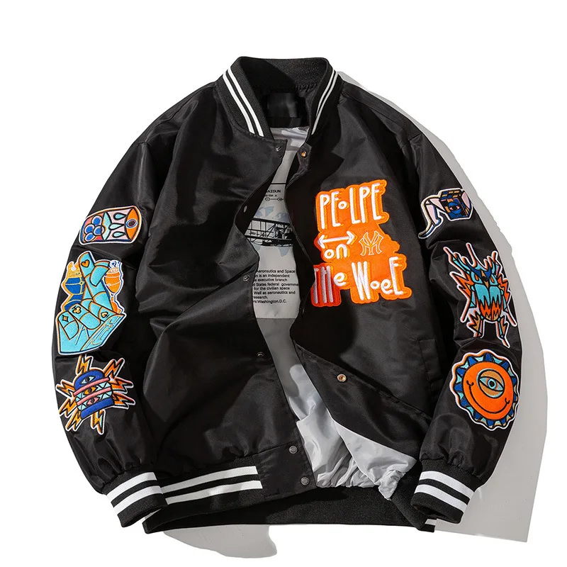 Vintage Baseball Jacket Men Women Hip Hop Embroidery Cartoon Anime Coat High Street Couple Clothes Fashion Jackets | Мужская одежда