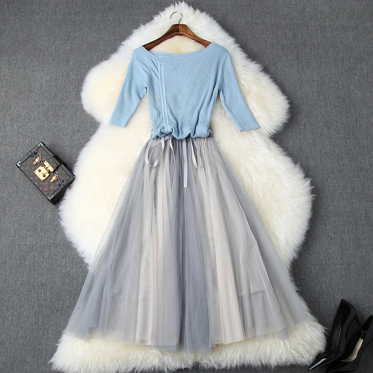 

New 2019 autumn sweet pink tops knit sexy T-shirts + long mesh skirts suit casual cute two piece set blue black