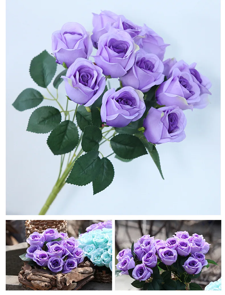 JAROWN 12 Heads Silk Roses Bride Holding Flowers Royal Blue Fake Rose Flowers Home Wedding Arch Table Decor Artificial Flower (54)