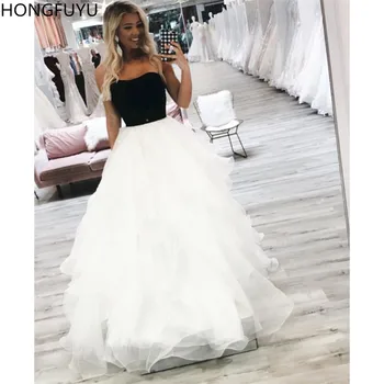 

HONGFUYU Sexy Strapless Ball Gown Prom Dresses 2020 Sleeveless Organza Evening Party Dresses Long robe de soiree Black & White
